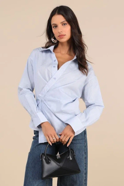 Astr Flykra Light Blue Striped Asymmetrical Button-up Wrap Top