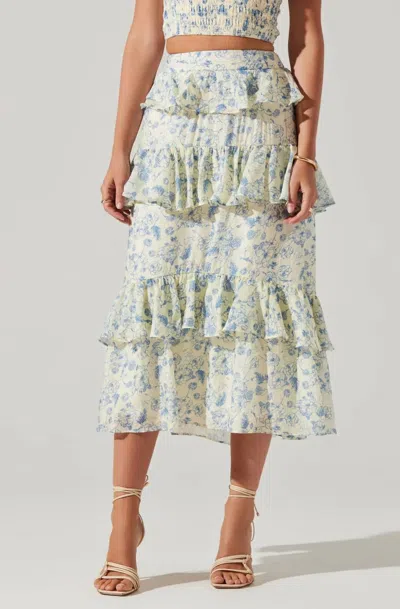 Astr Foufette Midi Skirt In Blue Ivory Floral In Neutral