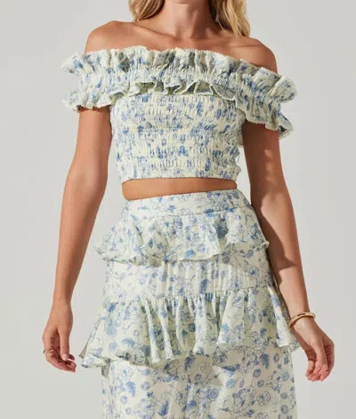 Astr Foufette Ruffle Top In Blue Ivory Floral In Multi