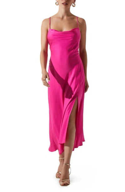 Astr Gaia Cowl Neck Satin Dress In Bright Fuchsia