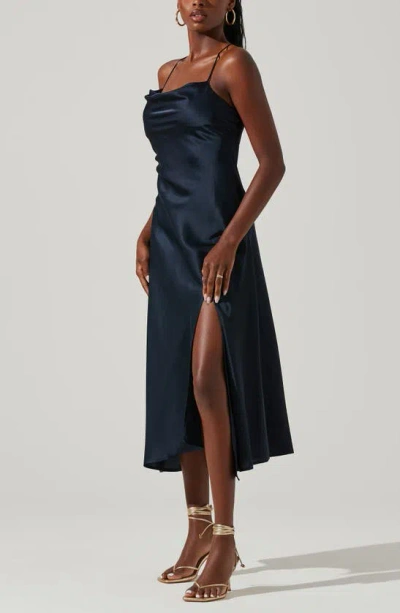 Astr Gaia Cowl Neck Satin Dress In Midnight