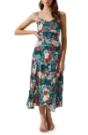 Astr Gaia Strappy Bias Cut Satin Midi Dress In Green Red Floral