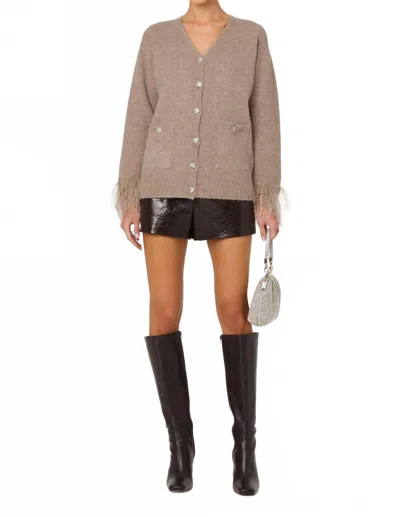 Astr Grie Embellished Feather Trim Cardigan In Taupe In Brown