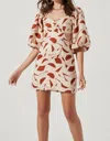 ASTR HEATHER ABSTRACT PRINT CUTOUT BUBBLE SLEEVE MINI DRESS IN RUST ABSTRACT
