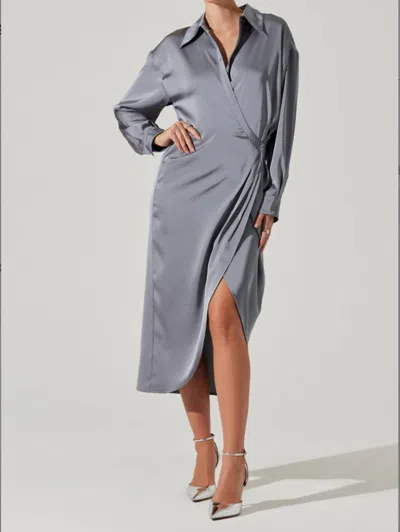 Astr Ira Satin Asymmetrical Shirt Dress In Silvery Blue In Multi