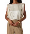 Astr The Label Isola Padded Shoulder Crinkled Satin Top In White