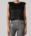 Astr The Label Isola Padded Shoulder Crinkled Satin Top In Black