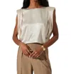Astr The Label Isola Padded Shoulder Crinkled Satin Top In White
