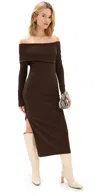 Astr The Label Jada Asymmetric Off The Shoulder Long Sleeve Midi Dress In Chocolate