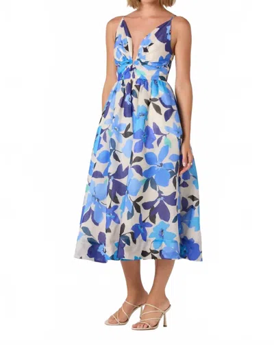 Astr Janna Floral Plunge Midi Dress In Blue
