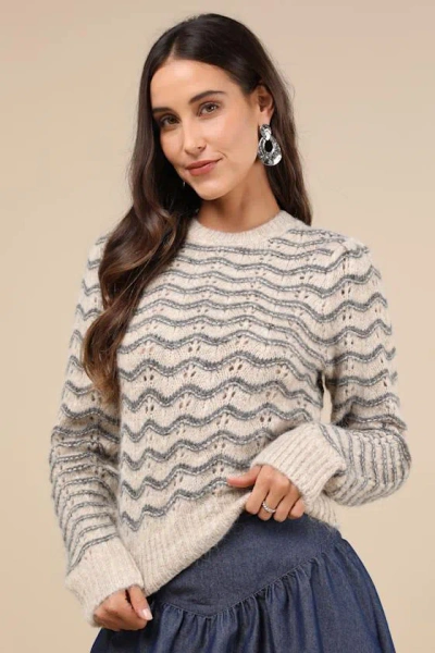 Astr Jaylani Taupe And Grey Pointelle Knit Pullover Sweater