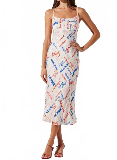 ASTR JOAN SATIN MIDI DRESS IN WHITE MULTI SCRIPT