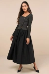 Astr Katarina Black Pleated Cotton Midi Skirt