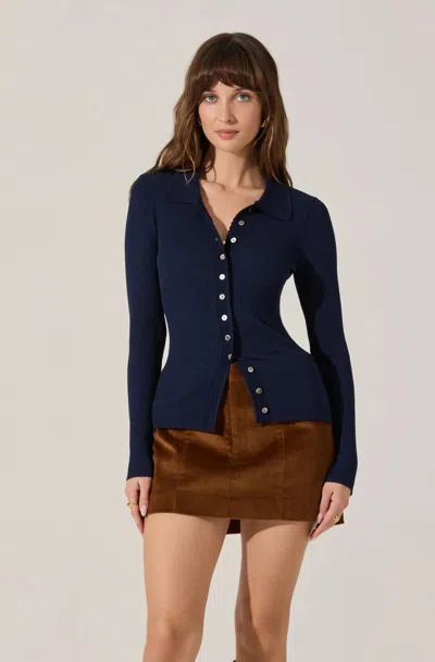 Astr Keren Collared Cardigan In Navy In Blue