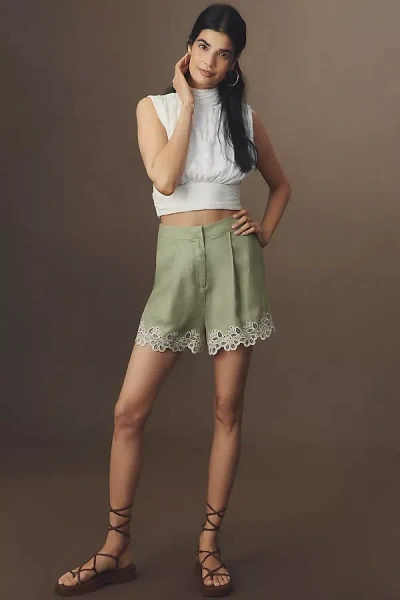 Astr Kiya Linen Embroidered Shorts In Green