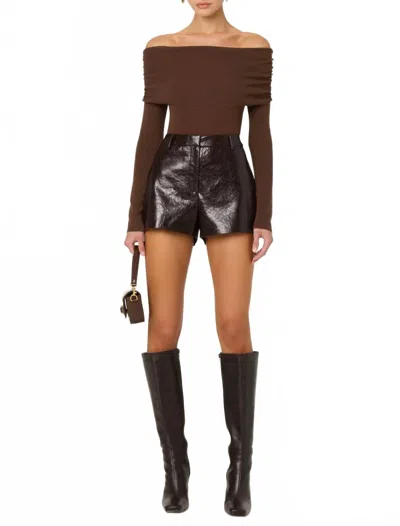 Astr Kylin Off Shoulder Rhinestone Sweater In Brown