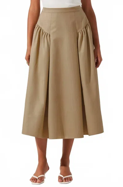 Astr Laila Ruched Detail Midi Skirt In Khaki In Brown
