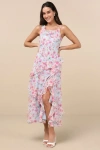 Astr Levina Light Blue Floral Asymmetric Ruffled Midi Dress In Light Blue