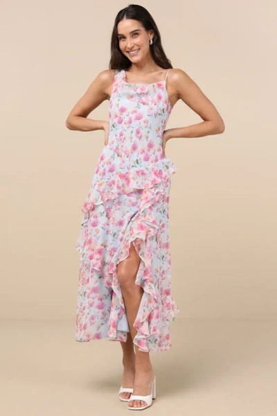 Astr Levina Light Blue Floral Asymmetric Ruffled Midi Dress