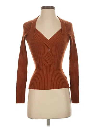 Pre-owned Astr Long Sleeve Top Brown Plunge Neckline Tops
