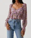 Astr Luann Long Puff Sleeve Top In Purple Navy Floral In Multi