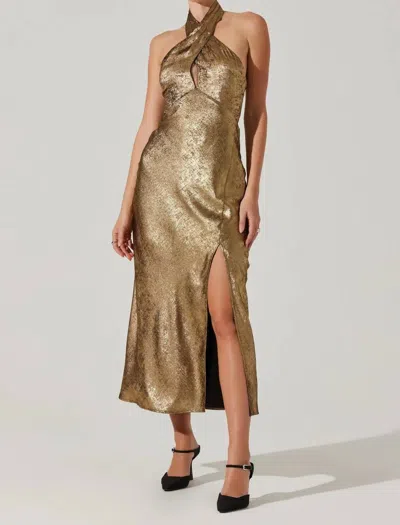 Astr Marissa Halter Neck Midi Dress In Gold