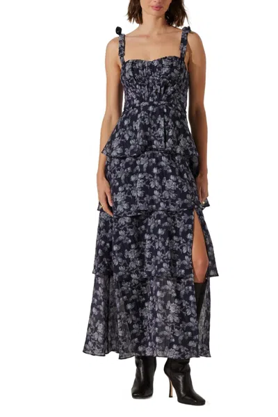 Astr Mellorie Floral Tiered Maxi Dress In Navy Grey Floralcolor In Black