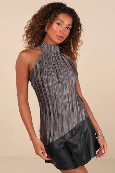 Astr Mikado Dark Grey Plisse Asymmetrical Halter Top