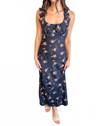 Astr Morrigan Ruffle Trim Halter Dress In Black Floral In Blue