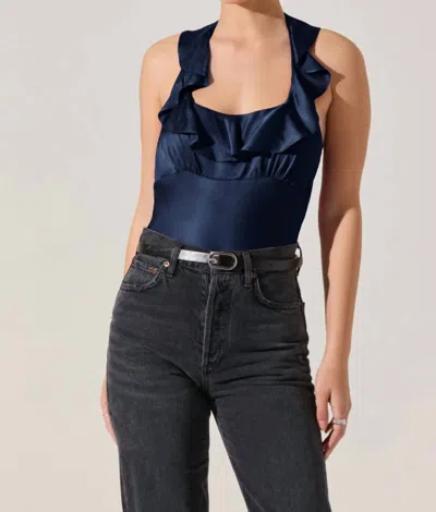 Astr Morrigan Satin Ruffle Halter Top In Navy In Blue