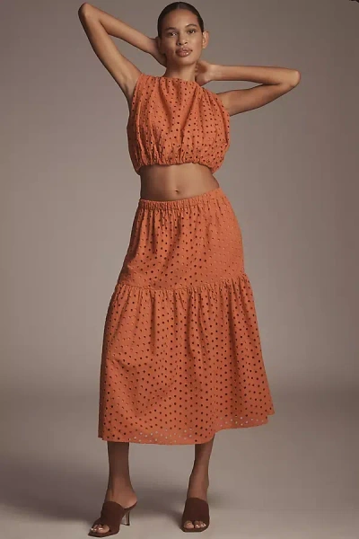 Astr Nalley Eyelet Midi Skirt In Gold
