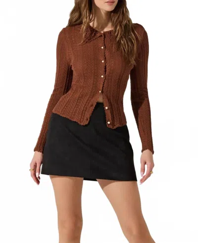 ASTR OTTILIE POINTELLE CROCHET COLLAR CARDIGAN IN BROWN