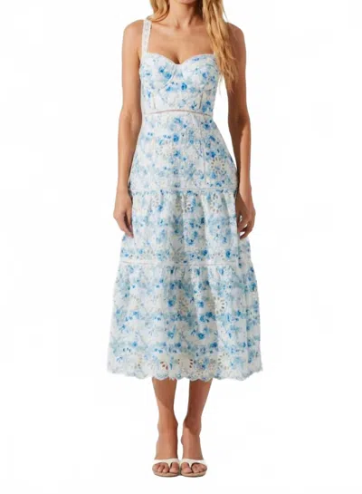 ASTR PELLAGIA FLORAL EYELET MIDI DRESS IN BLUE AND WHITE