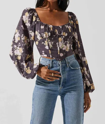 Astr Penny Ruched Bust Long Sleeve Top In Mocha Floral In Multi