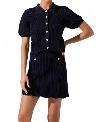 Astr Perrine Scalloped Short Sleeve Cardigan In Navy In Blue