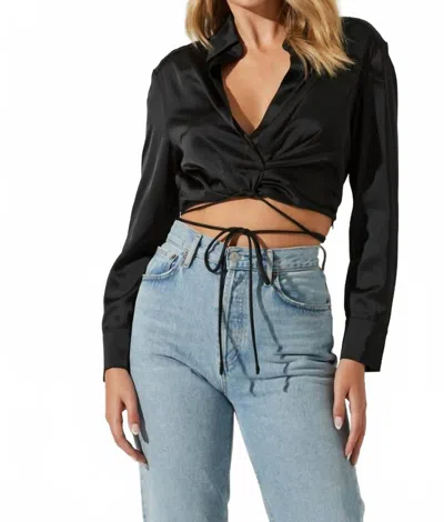 Astr Perry Satin Wrap Front Tie Waist Top In Black