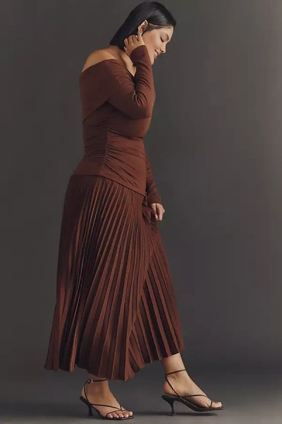 Astr Plus Tanaia Off-shoulder Midi Dress In Brown