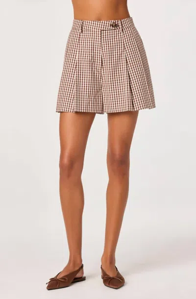 Astr Preston Gingham Pleated High-rise Shorts In Brown Checker
