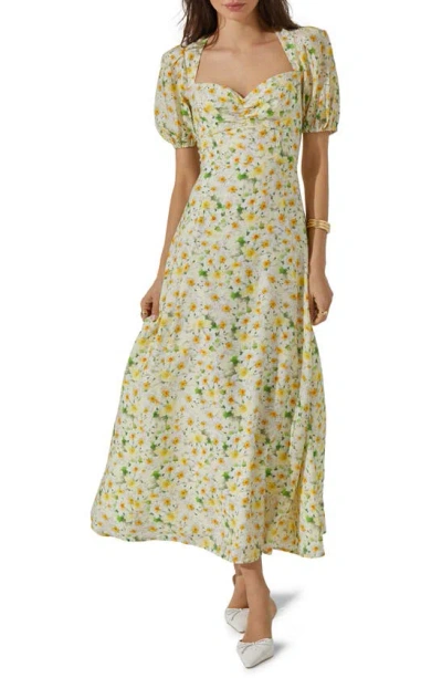 Astr Print Puff Sleeve Maxi Dress In Yellow White Floral