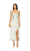Astr Rosalina Satin Ruffle Midi Dress In Cream Lavender Floral