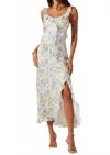 Astr Rosalina Satin Ruffle Midi Dress In Cream Lavender Floral In Multi