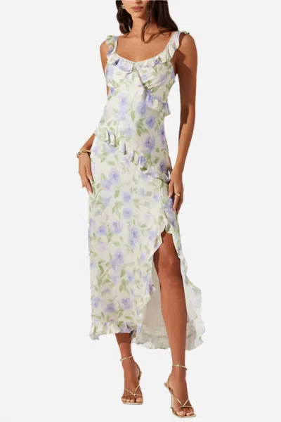 ASTR ROSALINA SATIN RUFFLE MIDI DRESS IN CREAM LAVENDER FLORAL