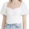 Astr Ruched Short Puff Sleeve Top In White In White