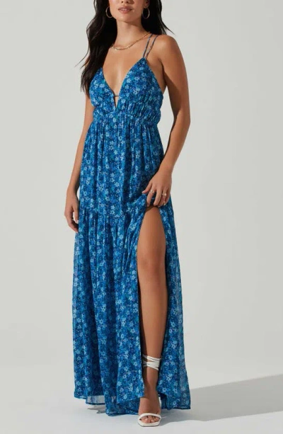 Astr Ryliana Floral Lace-up Tie Back Maxi Dress In Blue Floral