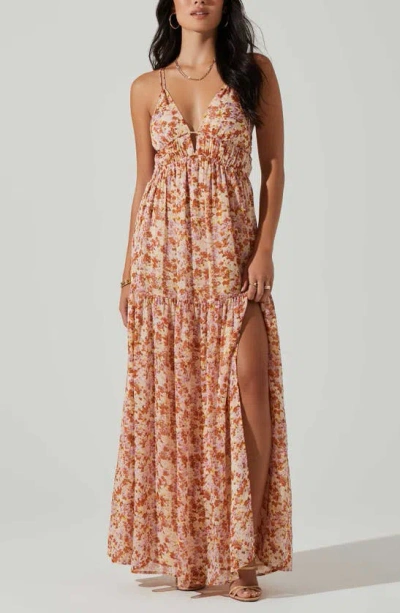 Astr Ryliana Floral Lace-up Tie Back Maxi Dress In Rust Lilac Floral
