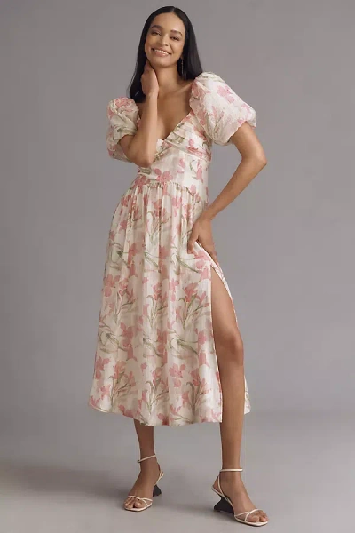 Astr Sasila Puff-sleeve Midi Dress In Pink