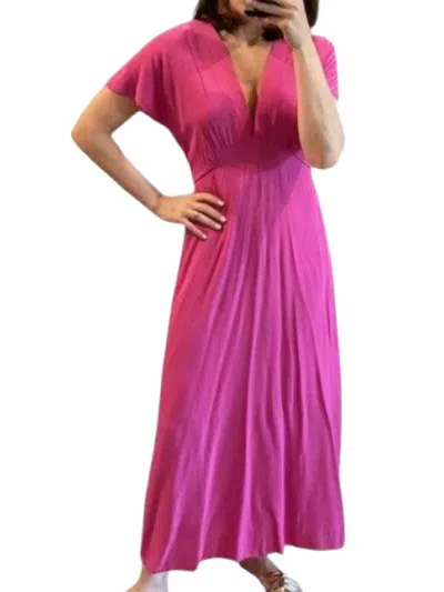 Astr Short Sleeve Deep V-neck Maxi Dress In Fuchsia In Pink