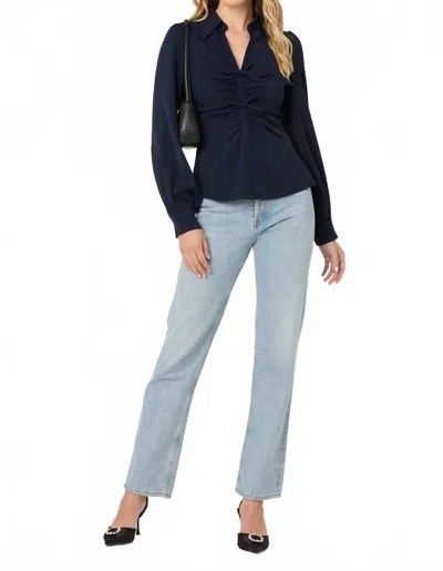Astr Simran Collared V-neck Ruched Top In Navy In Blue
