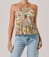 Astr Tamaryn Halter Tie Neck Top In Yellow Green Multicolor In Multi