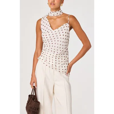 Astr The Label Adrie Polka Dot Asymmetric Scarf Neck Top In White
